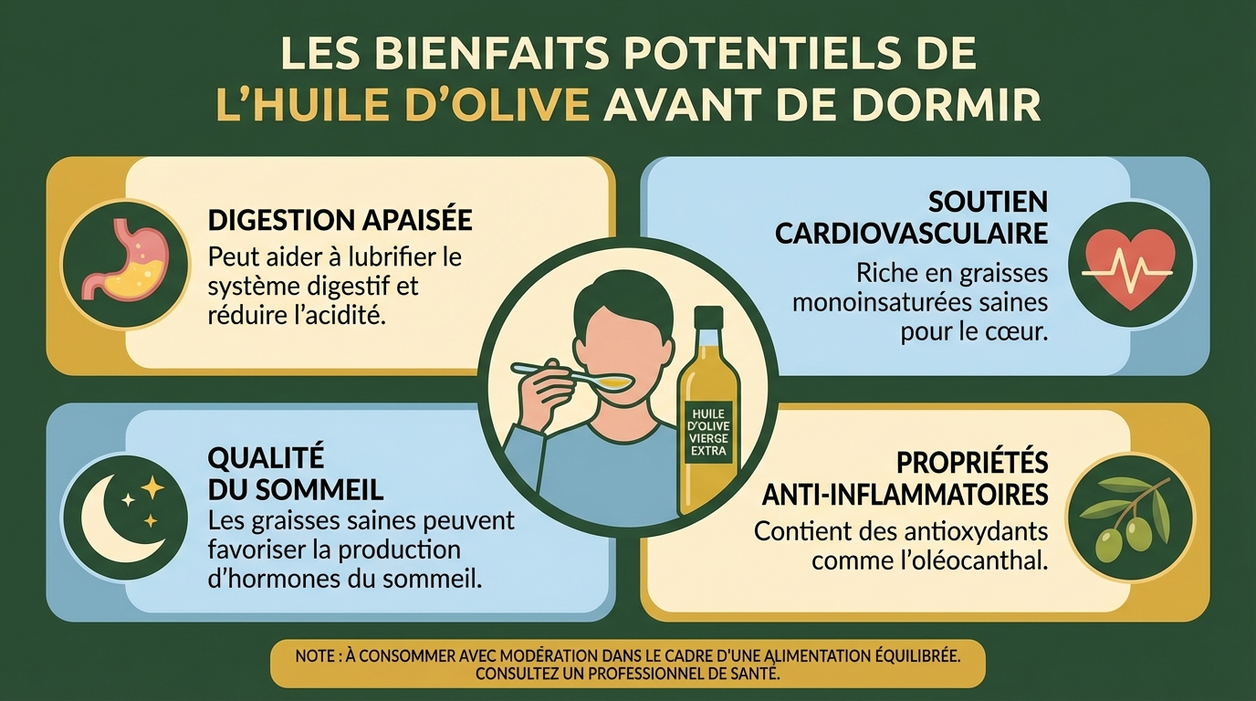 Les bienfaits de boire de l'huile d'olive avant de dormir 1 Comment consommer de l'huile d'olive avant le coucher
